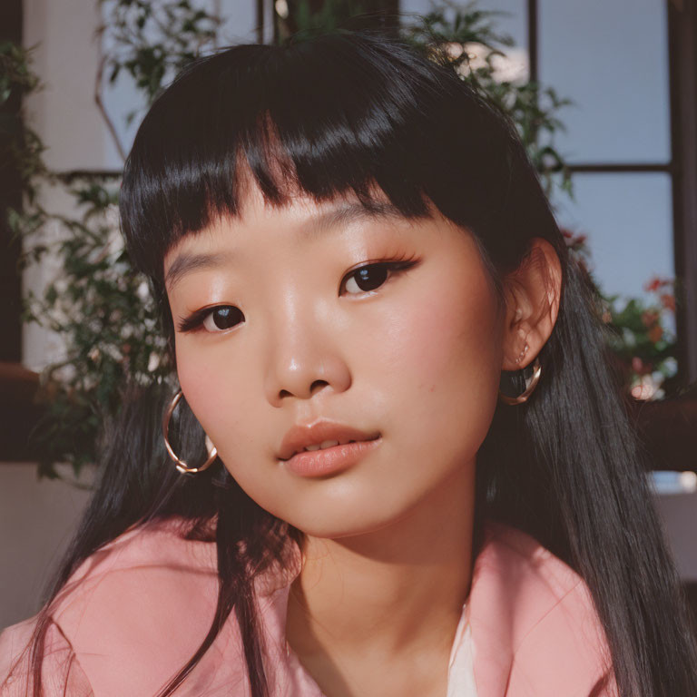 Person with Black Hair and Hoop Earrings in Pink Outfit under Soft Light