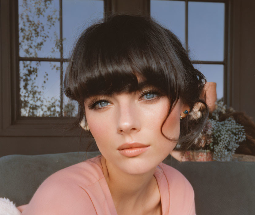 Woman with Blue Eyes and Fringe Smiling in Pink Top