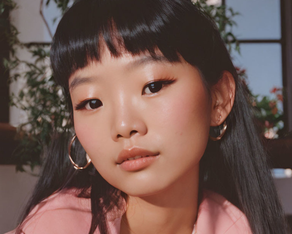 Person with Black Hair and Hoop Earrings in Pink Outfit under Soft Light