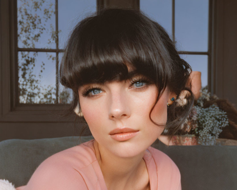 Woman with Blue Eyes and Fringe Smiling in Pink Top