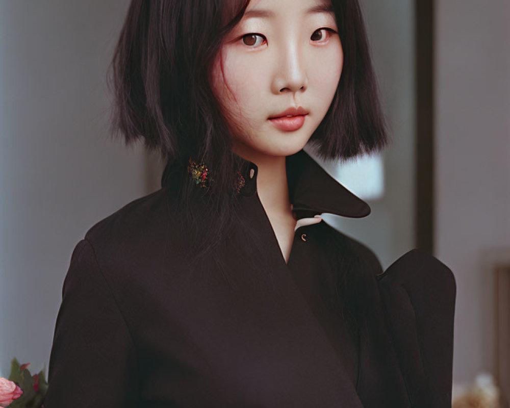 Woman with shoulder-length black hair in black jacket standing by mirror