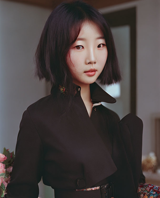 Woman with shoulder-length black hair in black jacket standing by mirror