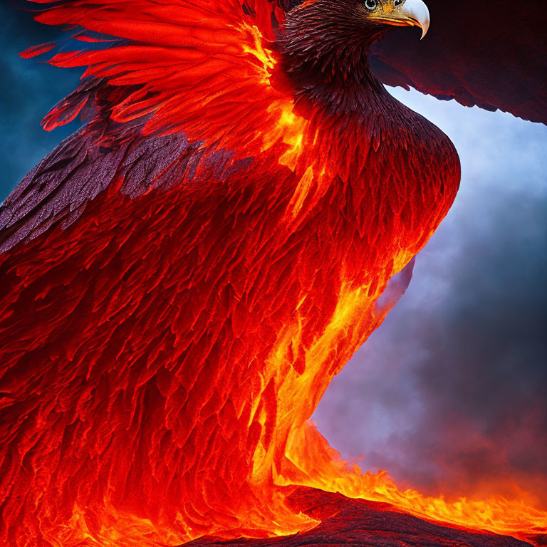 Majestic eagle blending with fiery lava flows in stormy sky.