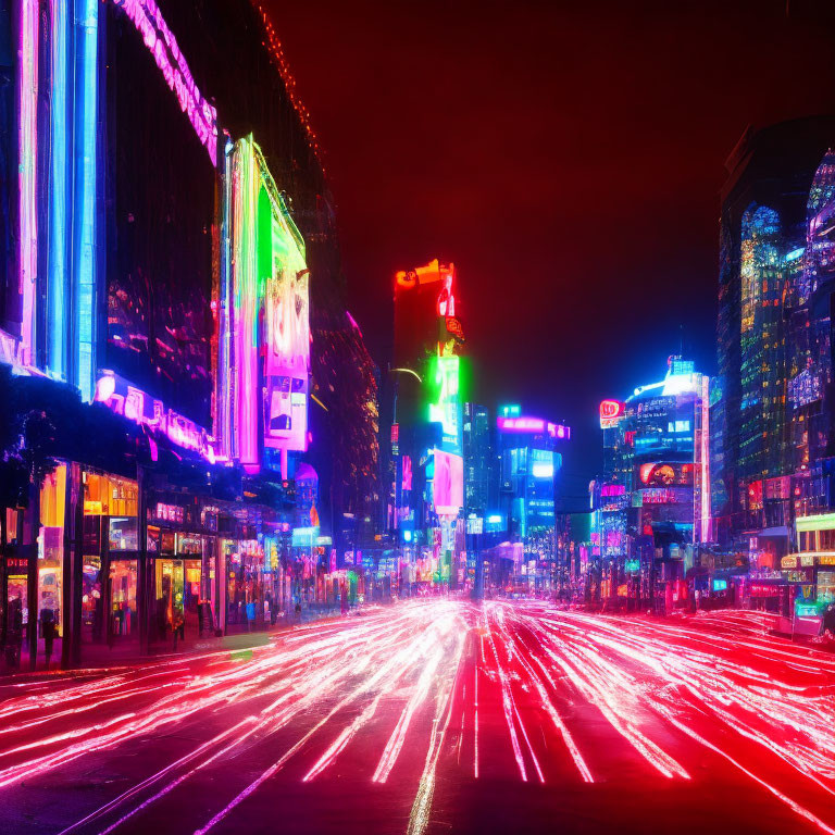 Dynamic City Street Night Scene with Neon Lights and Traffic Streaks