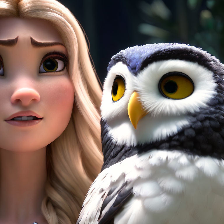 Blonde Woman and Owl Close-Up Portrait