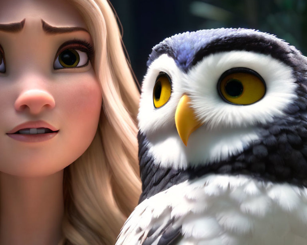 Blonde Woman and Owl Close-Up Portrait