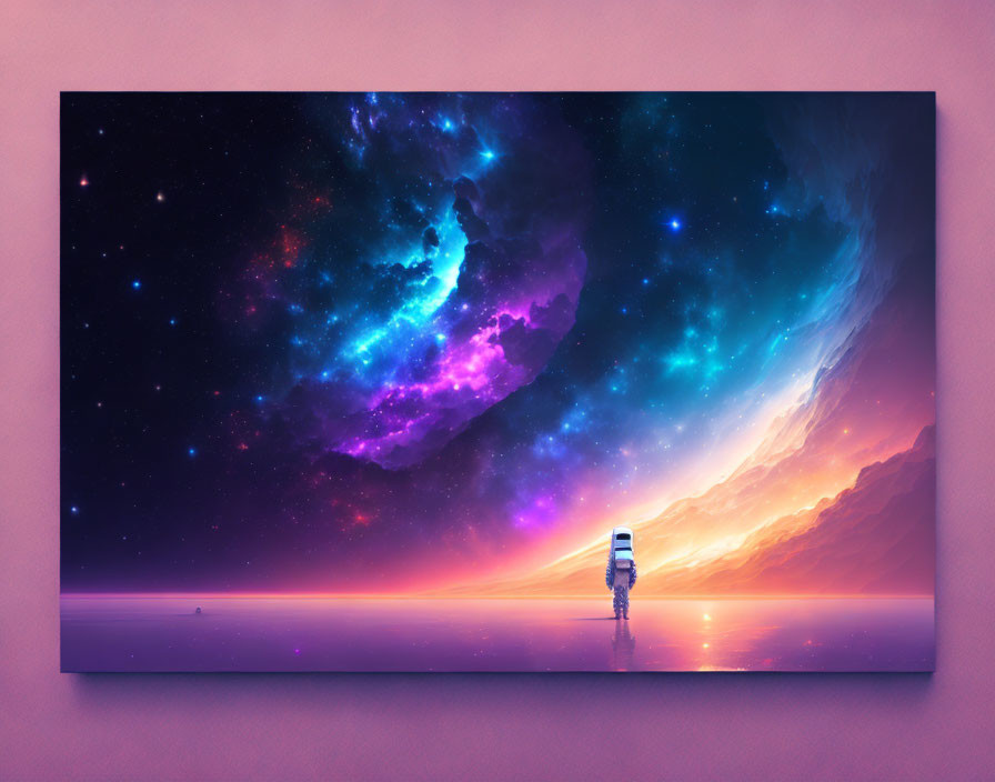 Digital artwork featuring person in cosmic scene with vibrant nebulae, stars, and planetary bodies reflected.