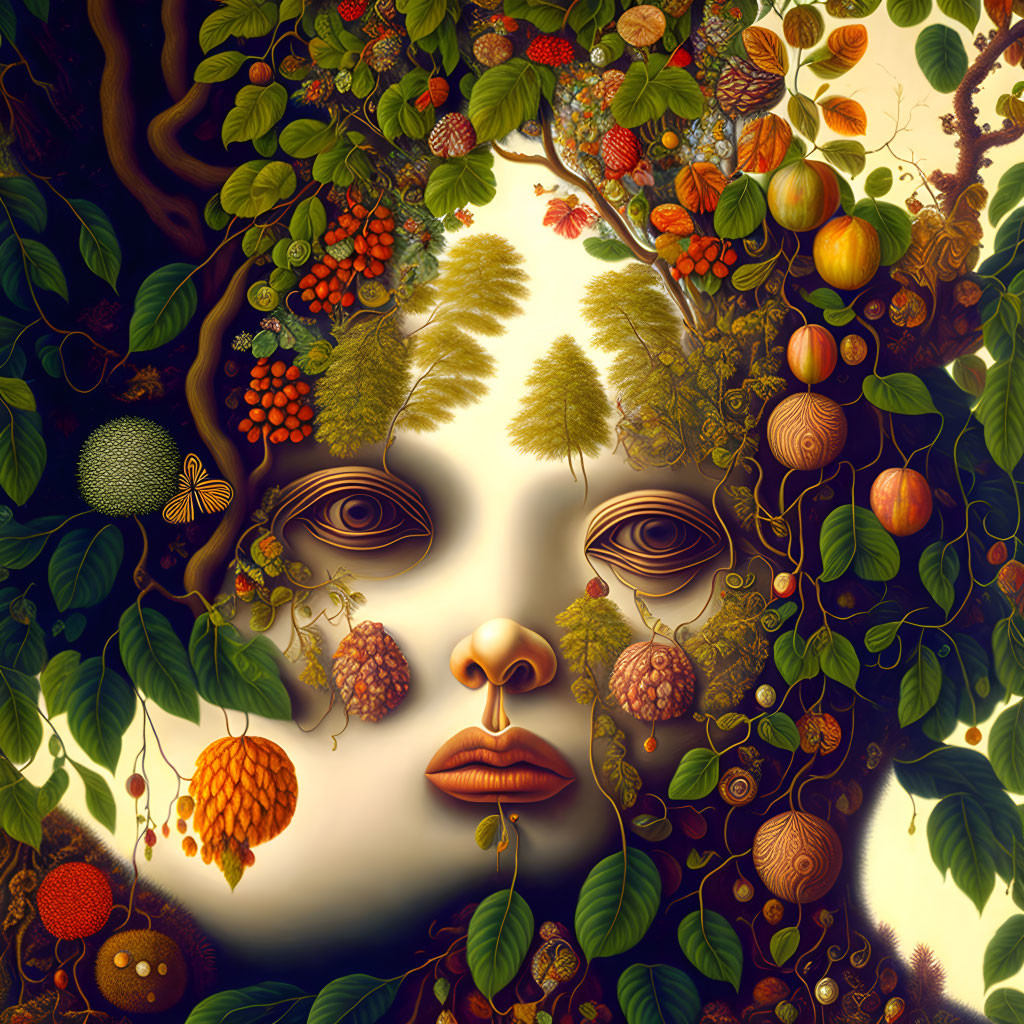 Surreal portrait blending face with tree, fruits, and foliage in autumnal theme