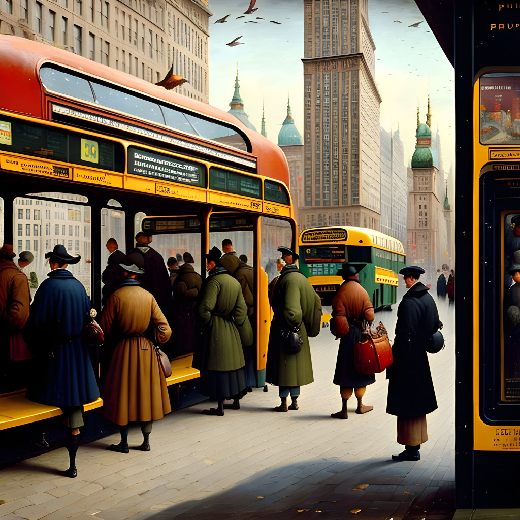 Passengers in vintage attire boarding double-decker buses on a bustling city street