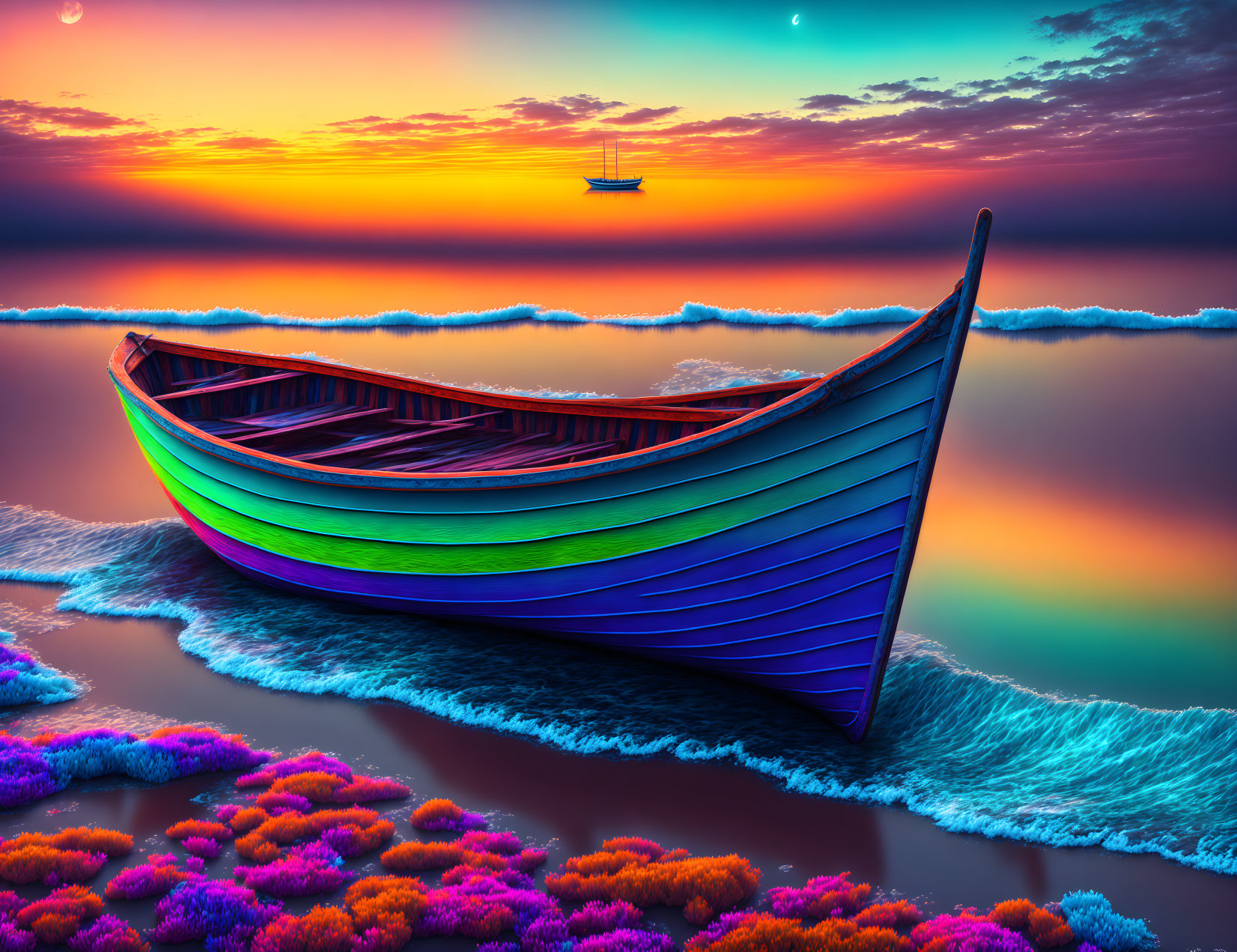 Colorful boat on calm sea with coral formations, sunset sky, sailboat, and crescent moon