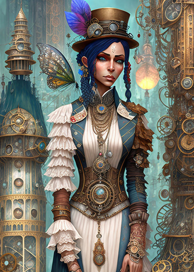 Blue-haired female character in steampunk attire with intricate jewelry against mechanical backdrop.