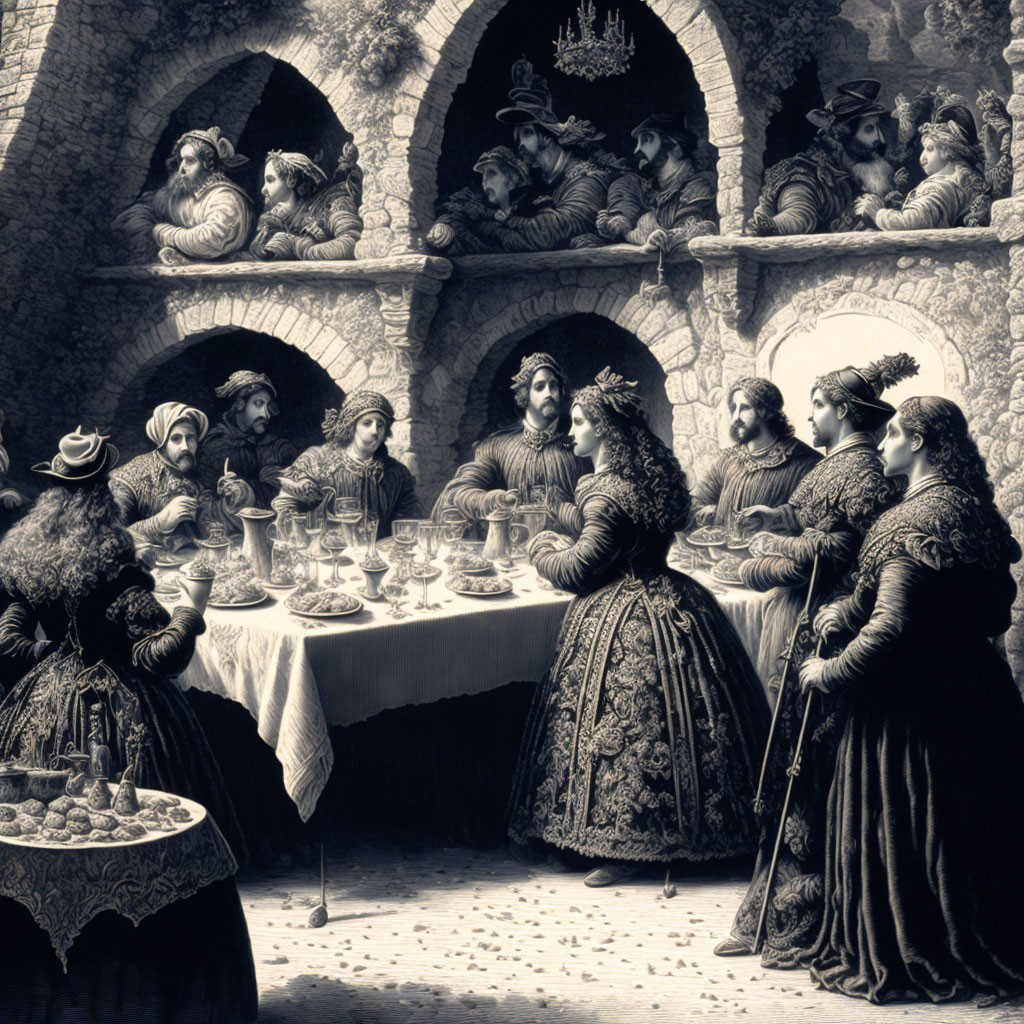 Vintage Black and White Illustration of Opulent Feast in Stone Hall