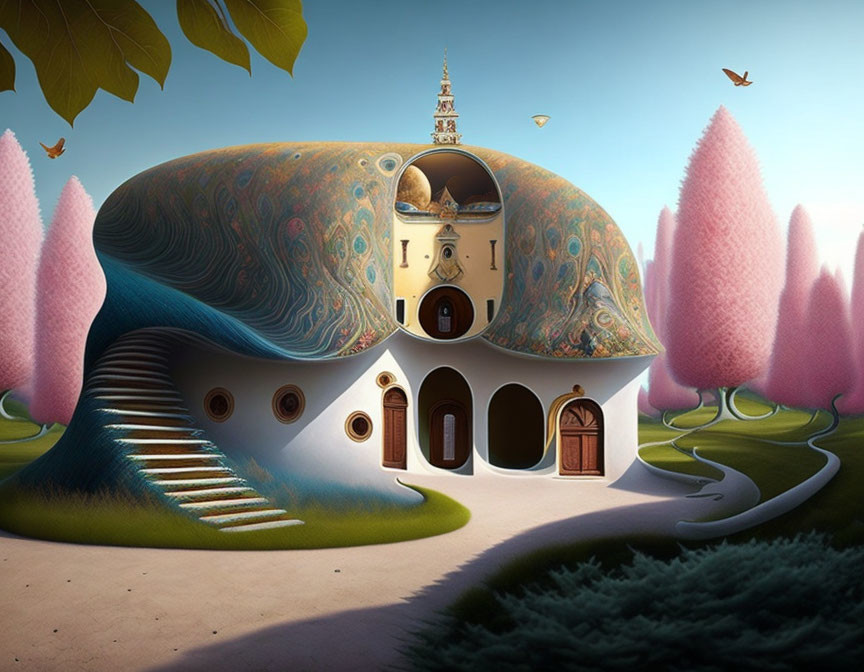 Fantasy illustration of peacock-themed house in pink landscape