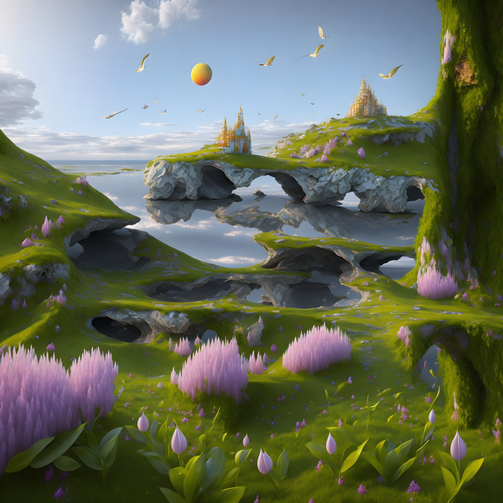 Fantastical landscape with floating rock formations and vibrant purple flora