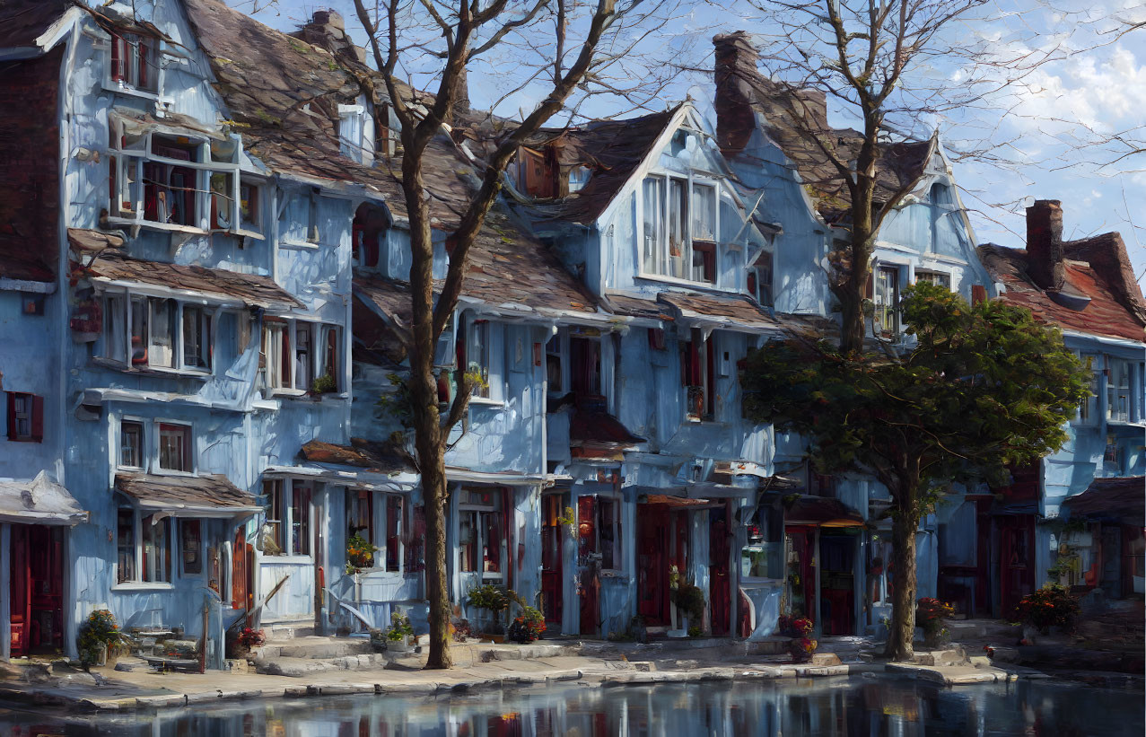 Quaint Blue and White Timbered Houses on Cobbled Street