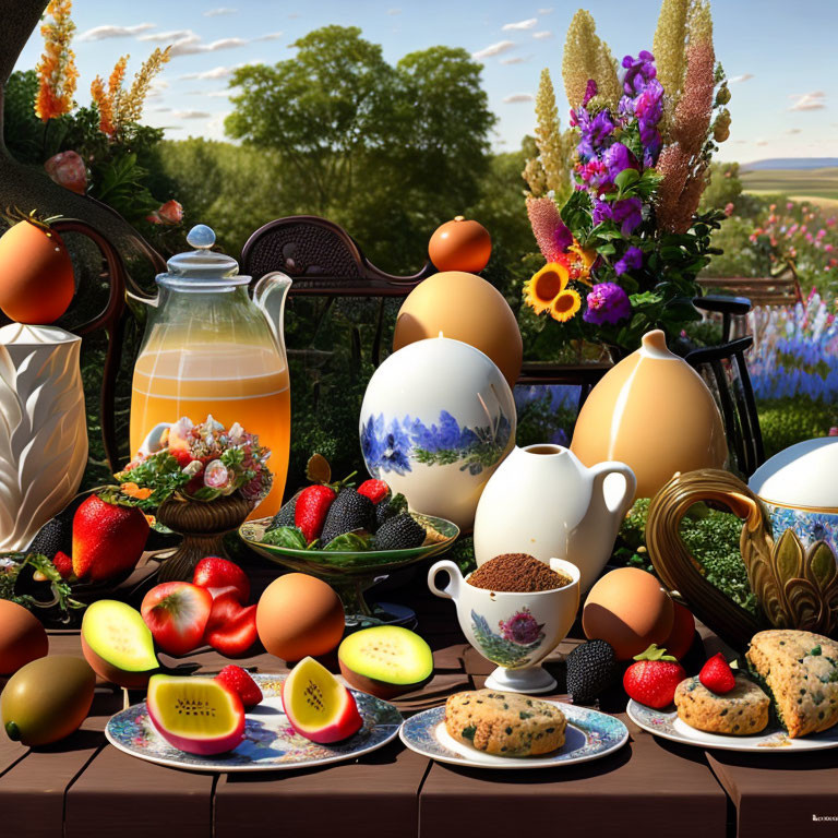 Vibrant still life with fruits, eggs, cookies, juice pitcher, and flowers on an outdoor