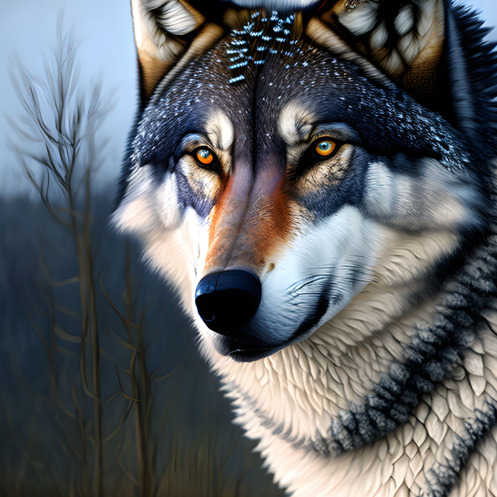 Realistic wolf digital illustration with intense blue eyes and fur textures