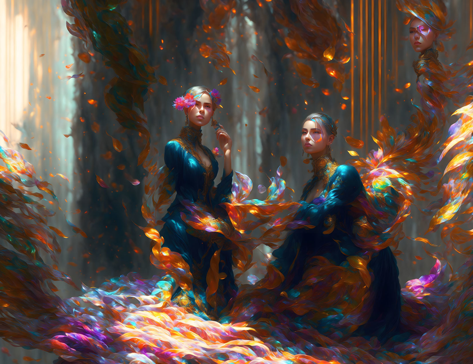 Two Women in Elegant Attire Surrounded by Autumn Leaves in Ethereal Forest