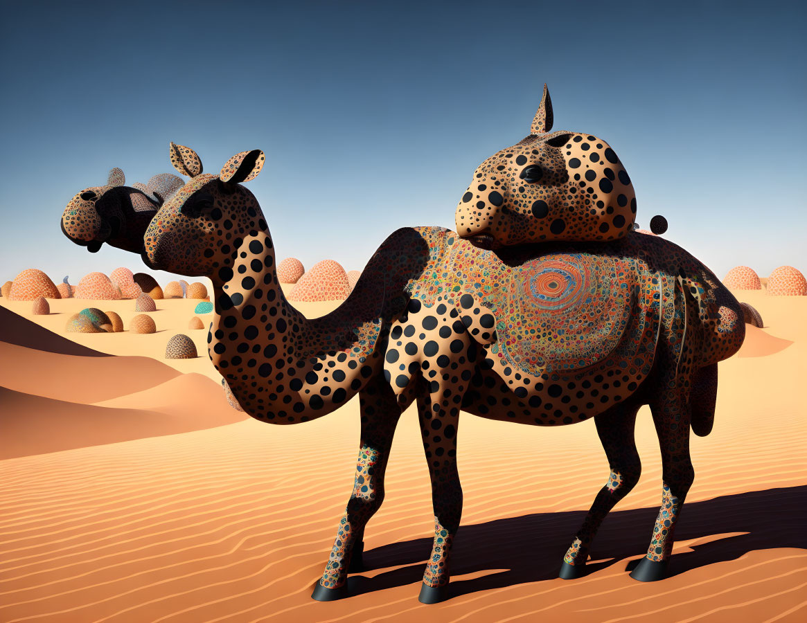 Intricate Digital Art: Patterned Camels in Desert Landscape