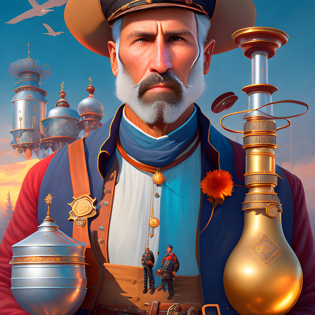 Steampunk-inspired bearded man in military uniform with medals, set against industrial backdrop under blue sky