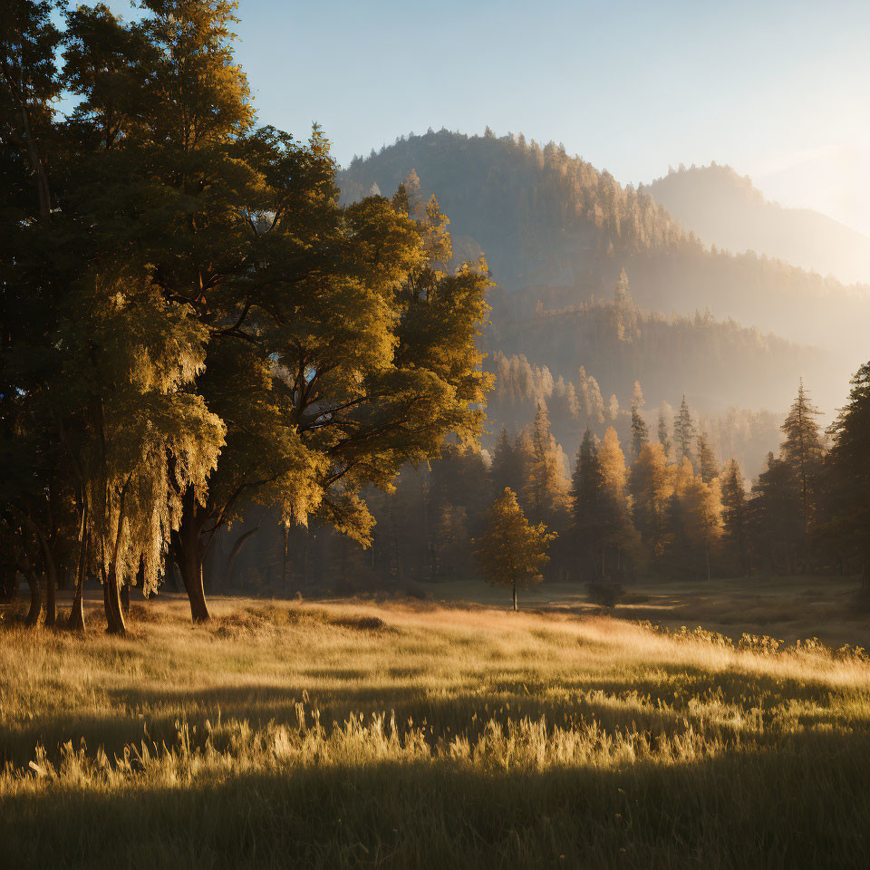 Serene forest clearing at sunrise with tall trees and mountain backdrop