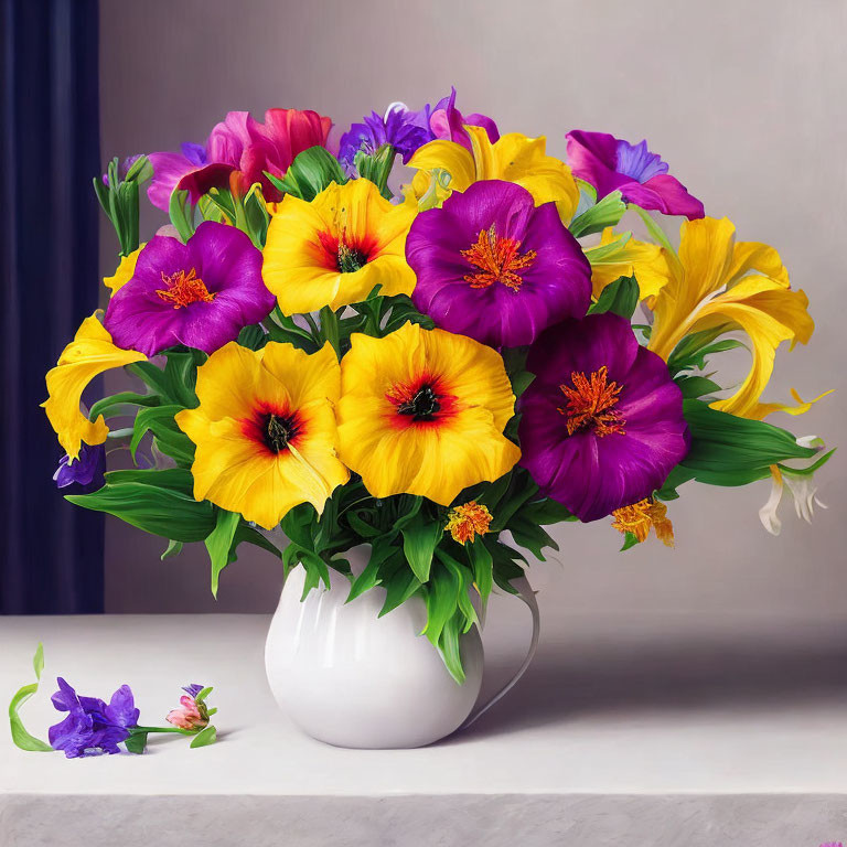 Colorful Flower Bouquet in White Vase on Gray Surface