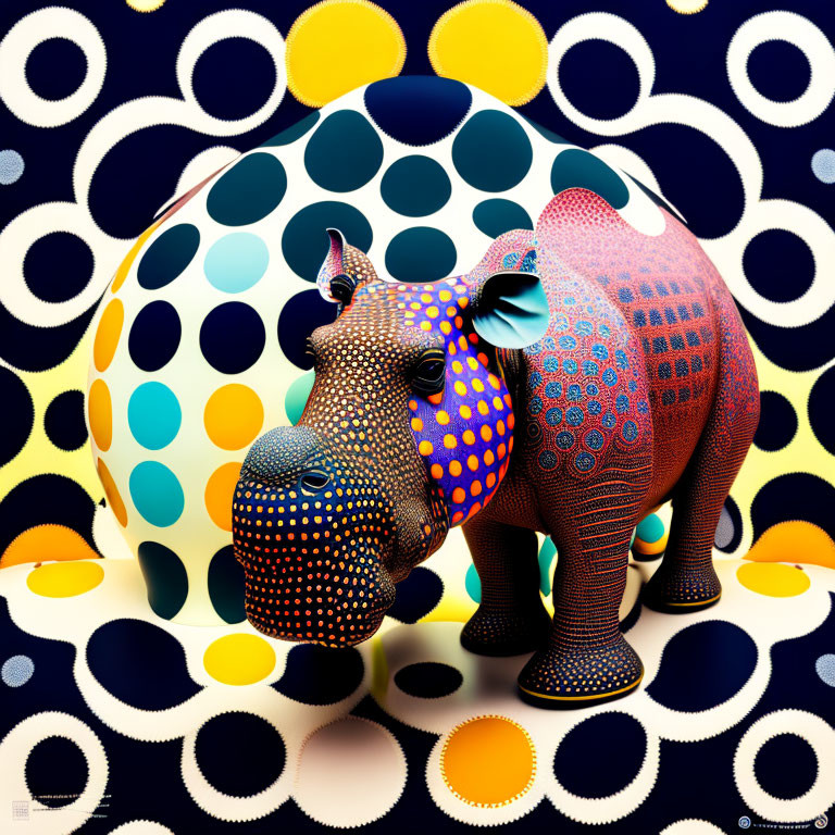 Colorful Patterned Rhinoceros on Psychedelic Background with Large Circles