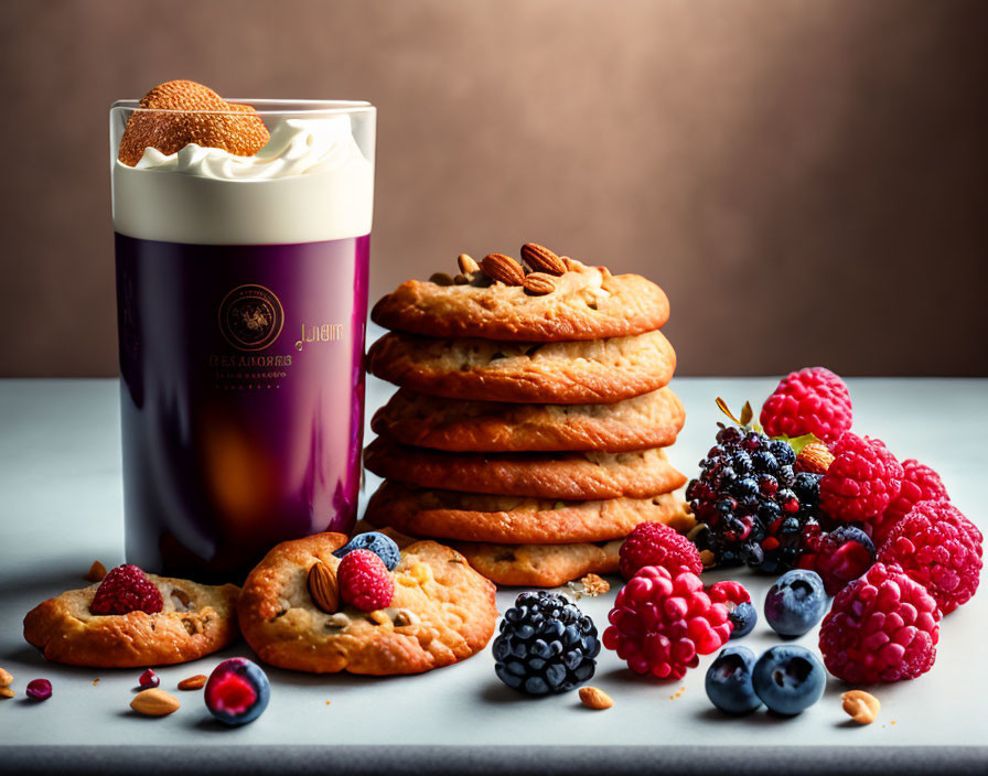 Creamy Beverage with Cookies and Mixed Berries on Neutral Background