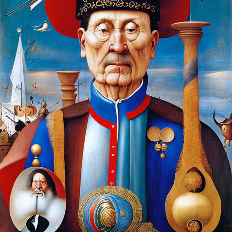 Man with ships and shields in surreal portrait on blue background