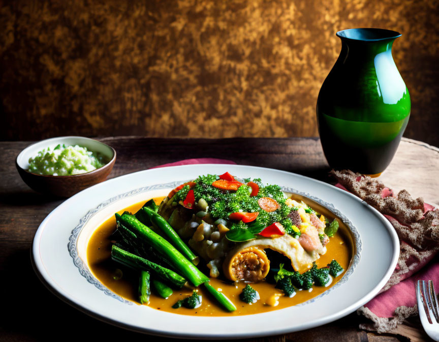 Colorful plate of food with broccoli, red peppers, beans, and nuts in sauce on wooden table