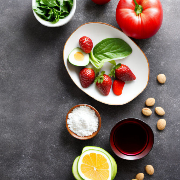 Fresh Ingredients Flat Lay: Strawberries, Basil, Tomato, Avocado, Lemon, Almonds on