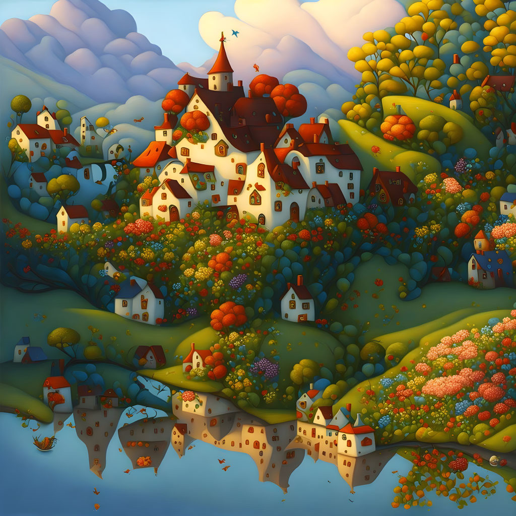 Colorful Village Illustration with Quaint Houses and Vibrant Nature