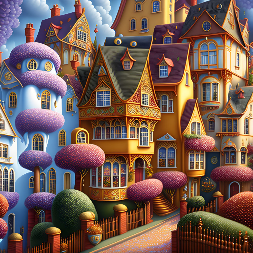 Whimsical fantasy illustration of mushroom-like houses under dusk sky