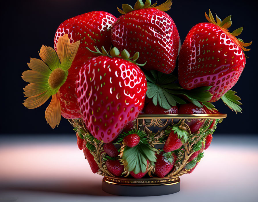 Digital art: Oversized strawberries in golden bowl with yellow flower on dark background