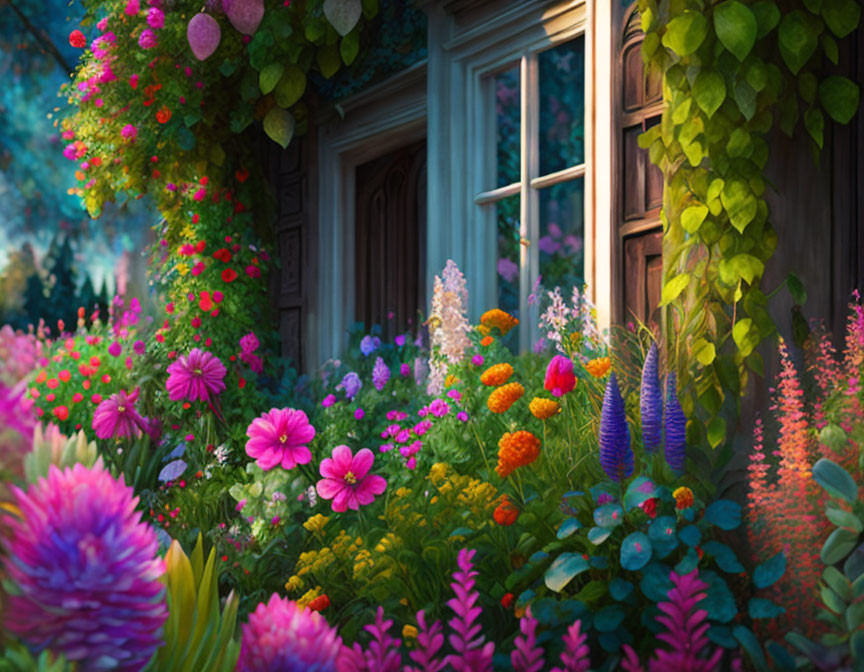 Colorful Flower Garden Blooming Near Rustic House