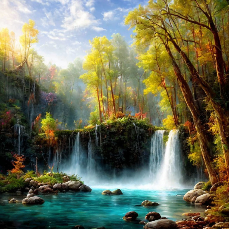 Tranquil landscape with autumn trees, waterfall, and serene pond