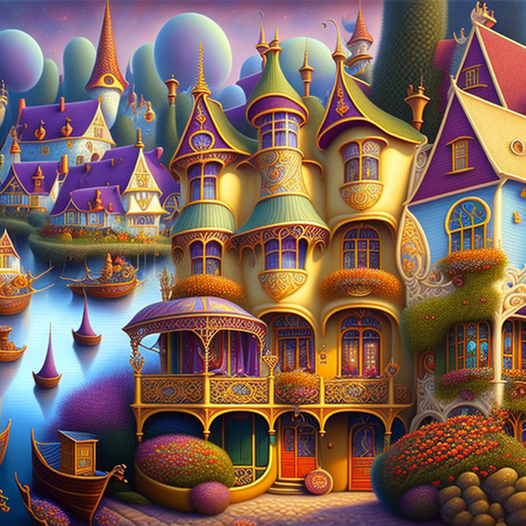 Fantasy cityscape illustration with ornate buildings and colorful skies