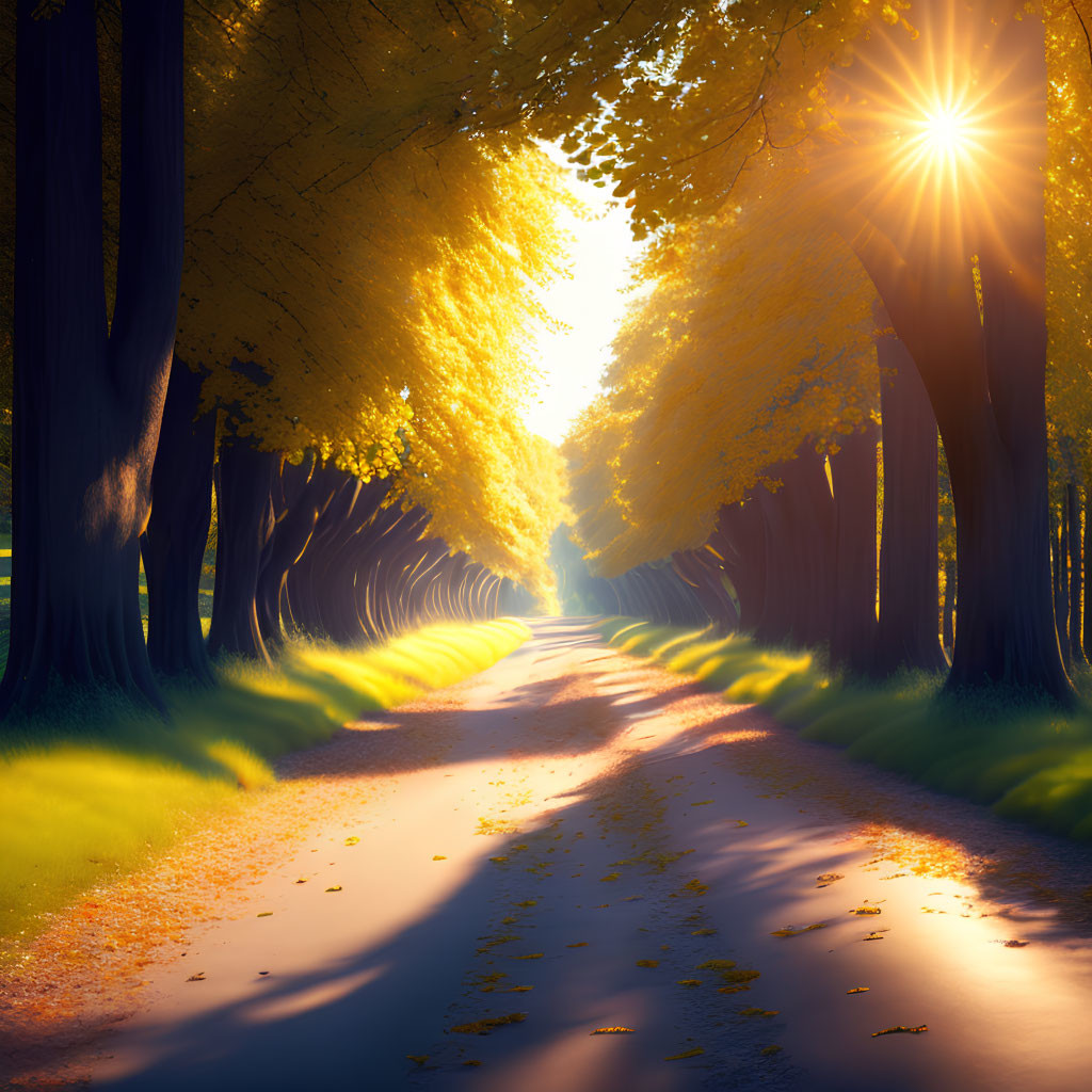 Tranquil tree-lined path at sunset with long shadows