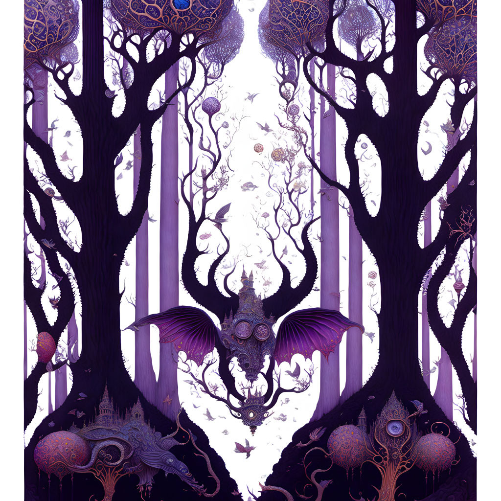 Fantastical Purple Forest with Intricate Trees and Bat-Like Creature