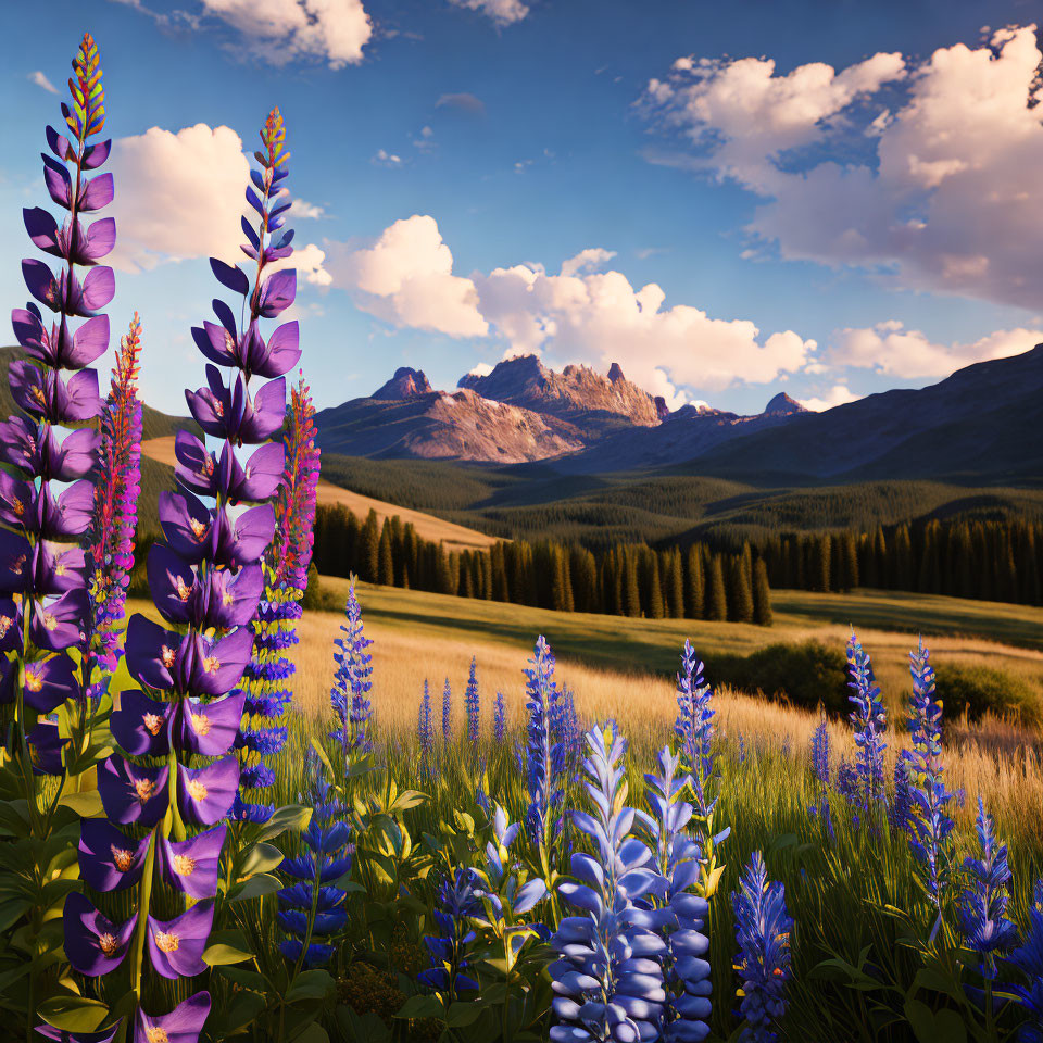 Vibrant purple lupine flowers in lush green meadow with mountains and blue sky