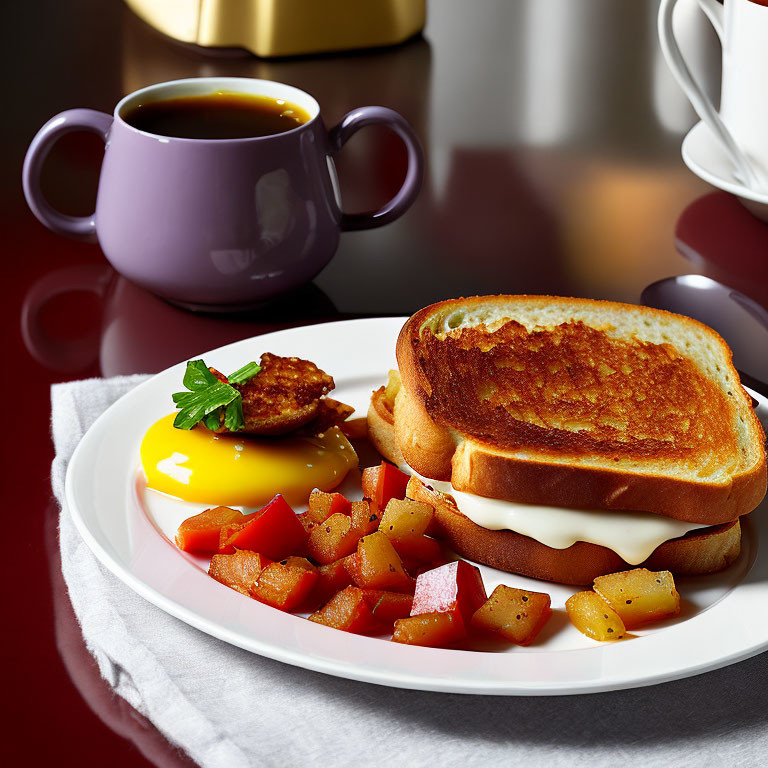 Fried Egg, Toasted Sandwich, Potatoes, Sausage & Coffee Breakfast Plate