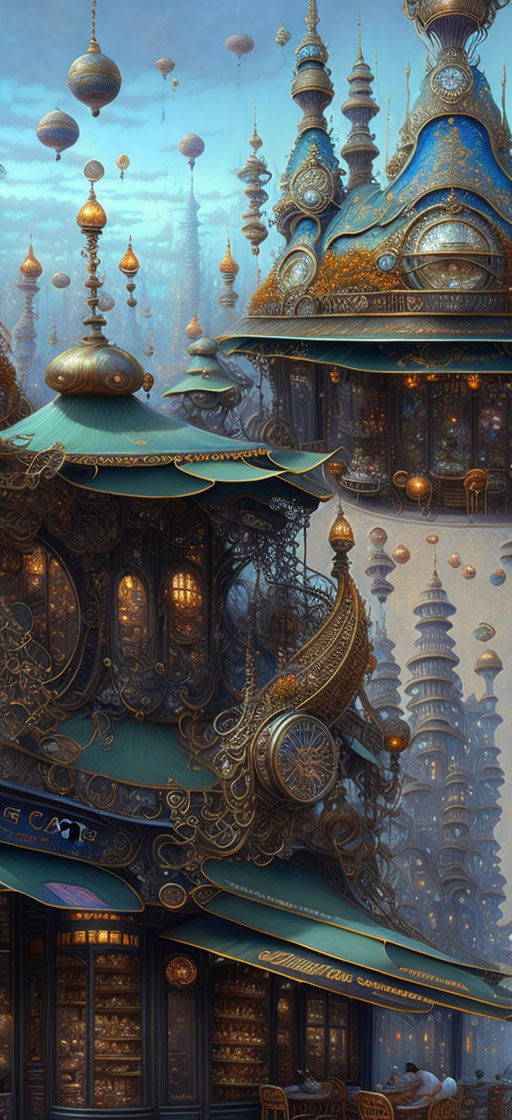 Intricate steampunk-inspired fantasy cityscape at dusk