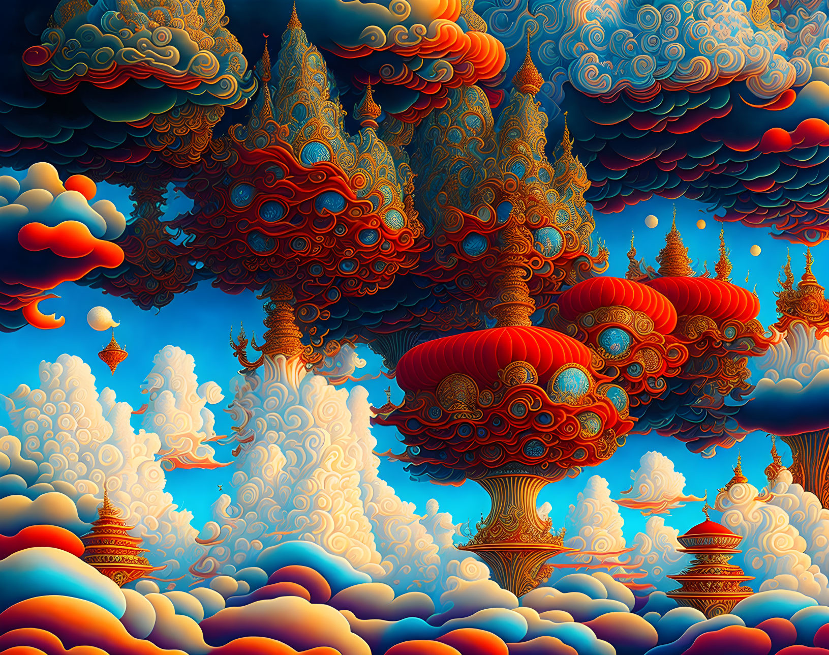 Surreal landscape with floating islands and ornate temples