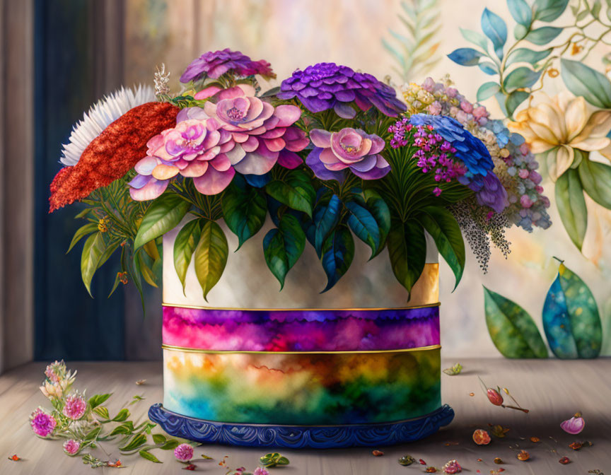 Colorful Flower Bouquet in Watercolor-Style Pot on Wooden Surface