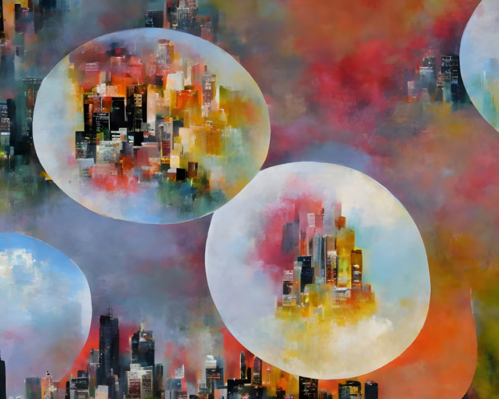 Vibrant abstract cityscape with skyscrapers in translucent circles