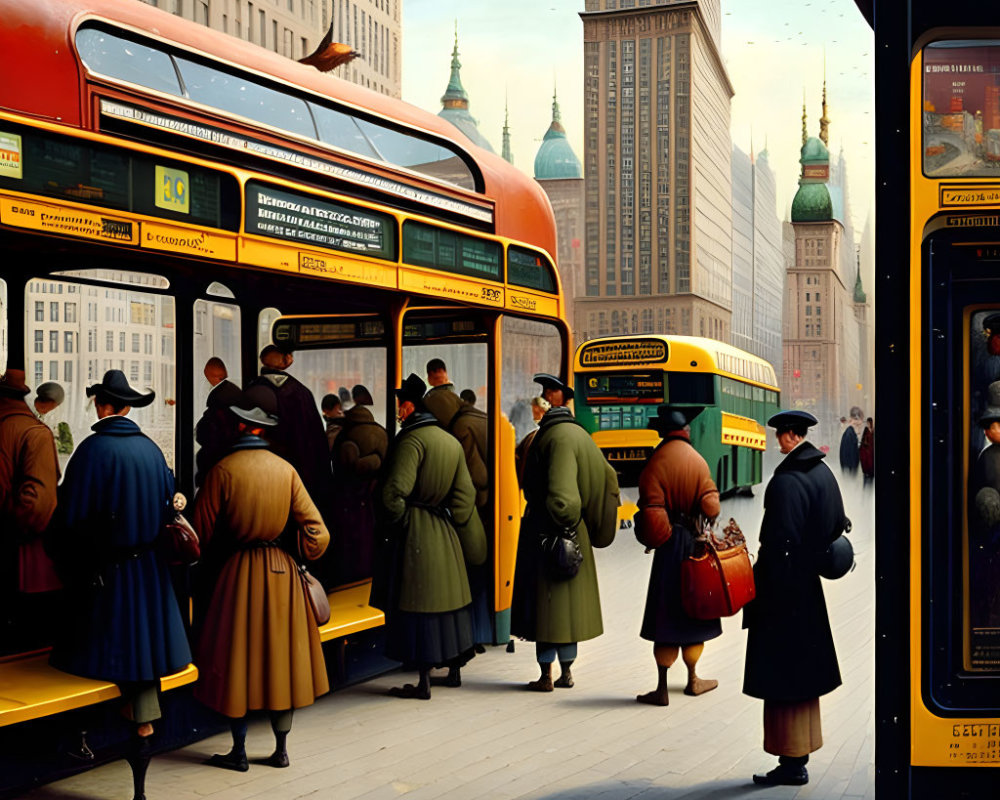 Passengers in vintage attire boarding double-decker buses on a bustling city street