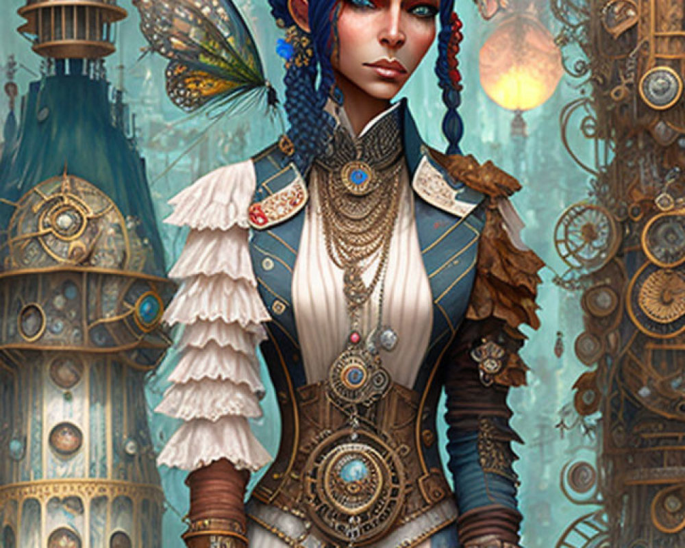 Blue-haired female character in steampunk attire with intricate jewelry against mechanical backdrop.