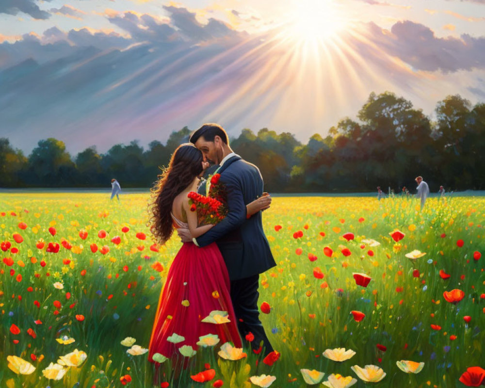 Embracing Couple in Vibrant Poppy Field at Sunset