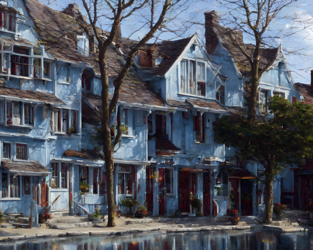 Quaint Blue and White Timbered Houses on Cobbled Street