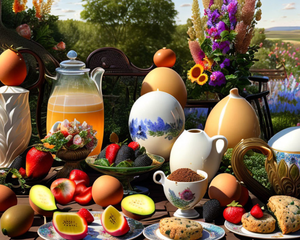 Vibrant still life with fruits, eggs, cookies, juice pitcher, and flowers on an outdoor